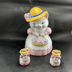 Vintage Cat In Dress & W/ Flower Basket Cookie Jar and Salt & Pepper Shakers 