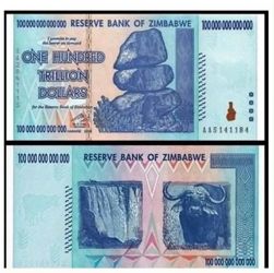 AUTHENTIC  ZIMBABWE 100 TRILLION DOLLARS 2008 AA SERIES P91 UNC UV PASSED COA