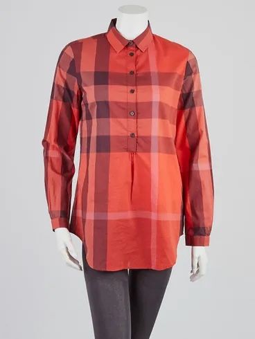 Authentic BURBERRY Brit Orange Red Check Cotton Tunic Shirt Size XS/S