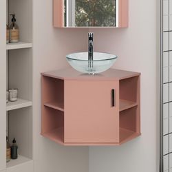 28-Inch Floating Bathroom Corner Vanity with Open Shelve, Pink Wall Mounted Design for Small Space, Clear Round Glass Sink Set