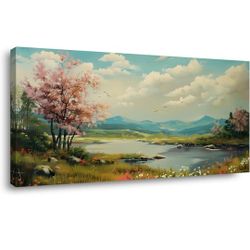 BRAND NEW..Green Grass and Pink Tree By Riverbank Wall Art Decor