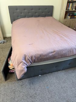 Queen mattress, Grey bed frame with drawers
