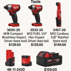 ALL FOR $120 18V IMPACT 12V IMPACT 12V 3/8 RATCHET 12V BATTERY 18V BATTERY