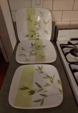 Corelle Ultra Rivage White Green Leaf Square Dishes