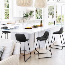 Upholstered Checkered Pattern Leather Dining Chair with Metal Legs Black Counter Height 