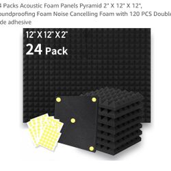 24 Packs Acoustic Foam Panels Pyramid 2" X 12" X 12", Soundproofing Foam Noise Cancelling Foam with 120 PCS Double-Side adhesive