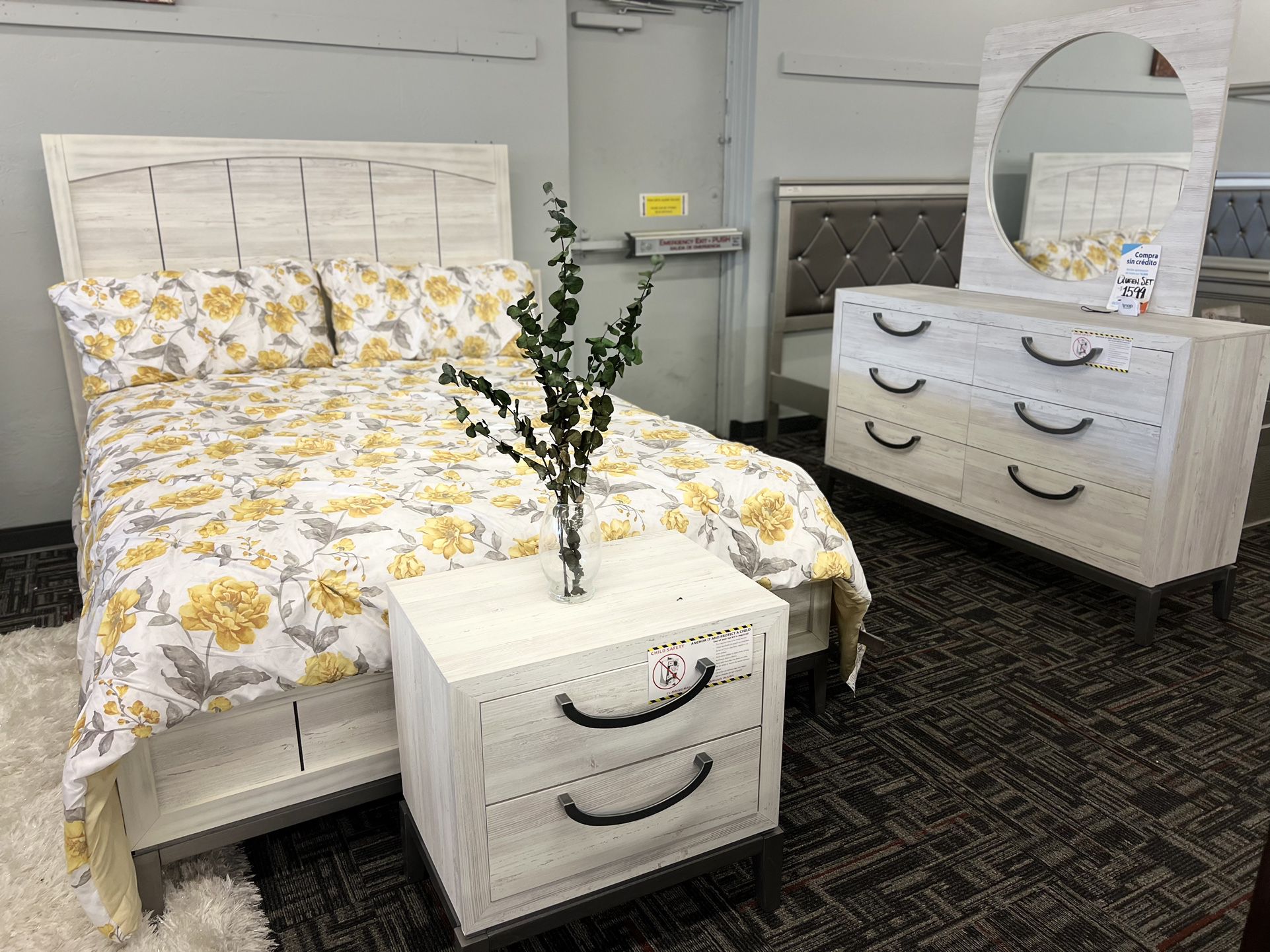 Queen Size Bed With Mattress, Nightstand, Dresser & Mirror
