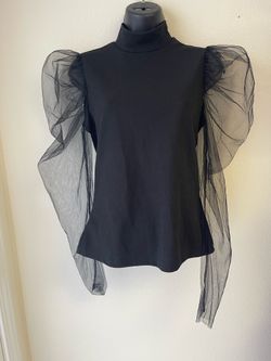 Black Tulle Puff Sleeve Turtleneck Top