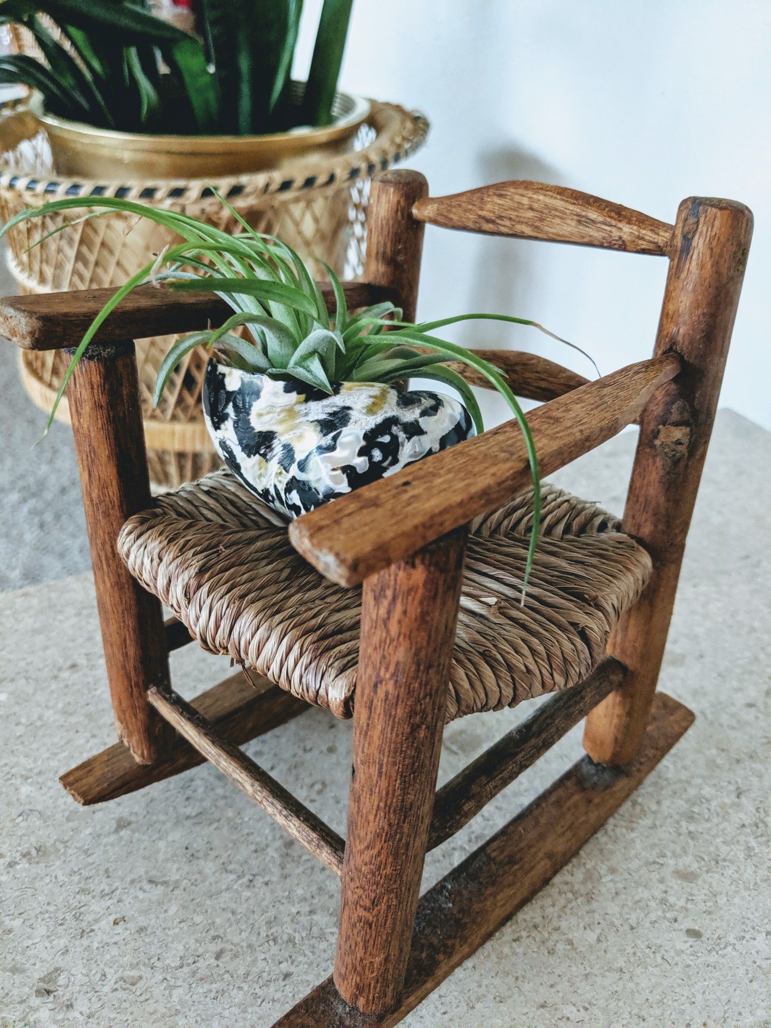 Vintage wood & wicker rocking plant chair 7" x 4.5"