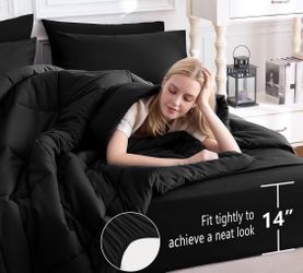 NEW CozyLux OVERSIZED King Comforter Set Black 7 PIECES Bed in a Bag Ultra-Soft All Season Bedding Sets w/Stitch Quilted Comforter Flat, Fitted, Pillo