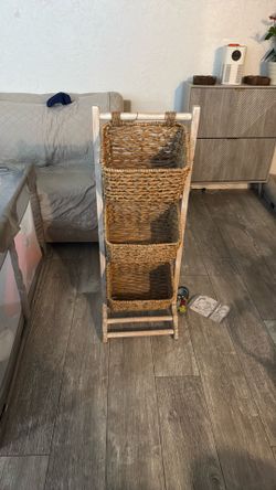 3Tier Floor Stand with Hyacinth Storage Basket Bins - White, Natural   High Satisfaction Item