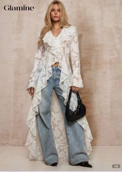 Glamine Women's Elegant White Long Ruffle Jacket,Extra Long V Neck Lace Kimono, High Low Boho Blouse Cover Up.
