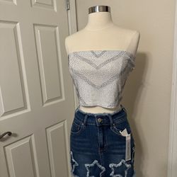 Rhinestone Top White / denim Skirt
