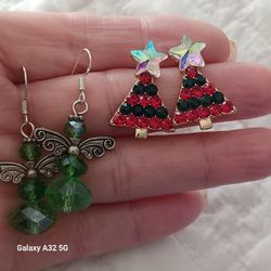 Nordstroms - Christmas Tree & Sterling Silver  Angel Crystal Earrings Set