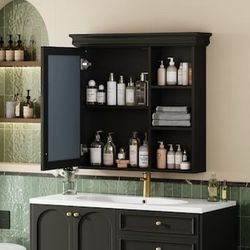 KTMBDW Bathroom Wall Storage Cabinet with Mirror -Medicine Cabinet with Adjustable Shelf and Open Shelves - Over the Toilet Storage Cabinet (Black)