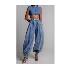 Women Baggy Harem Jeans Joggers Denim Pants Wide Leg Jeans High Rise Sweatpants Tapered Leg Trousers