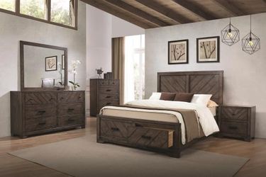 4PC BRAND NEW DARK BROWN STORAGE BEDROOM SET INCLUDES: DRESSER, NIGHTSTAND, MIRROR, BEDFRAME