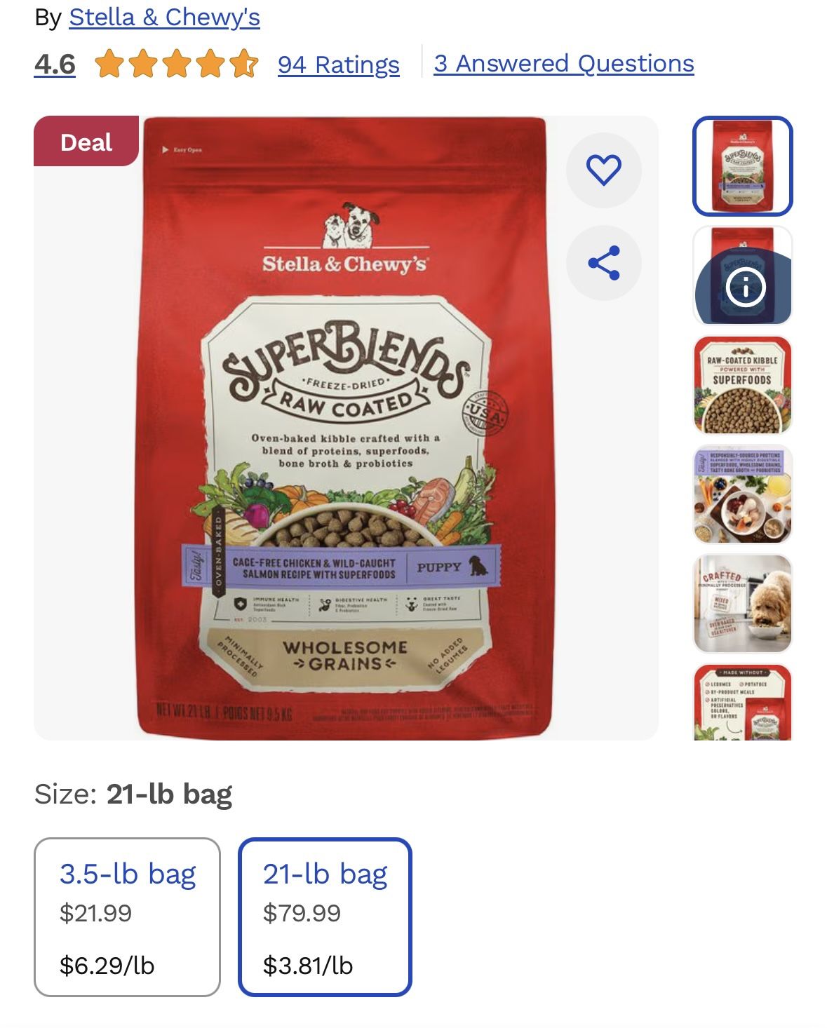 21 Lb Stella & Chewy's SuperBlends Raw Coated Wholesome Grains Puppy Cage-Free Chicken & Wild-Caught Salmon Recipe with Superfoods Dry Dog Food