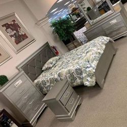 Brand New Silver Upholstered Bedroom Set Queen or King Bed Dresser Nightstand Mirror Chest Options 809,699, Wayne 5 Pcs 