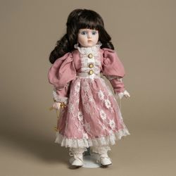Vintage Porcelain Victorian Doll with Lace Dress