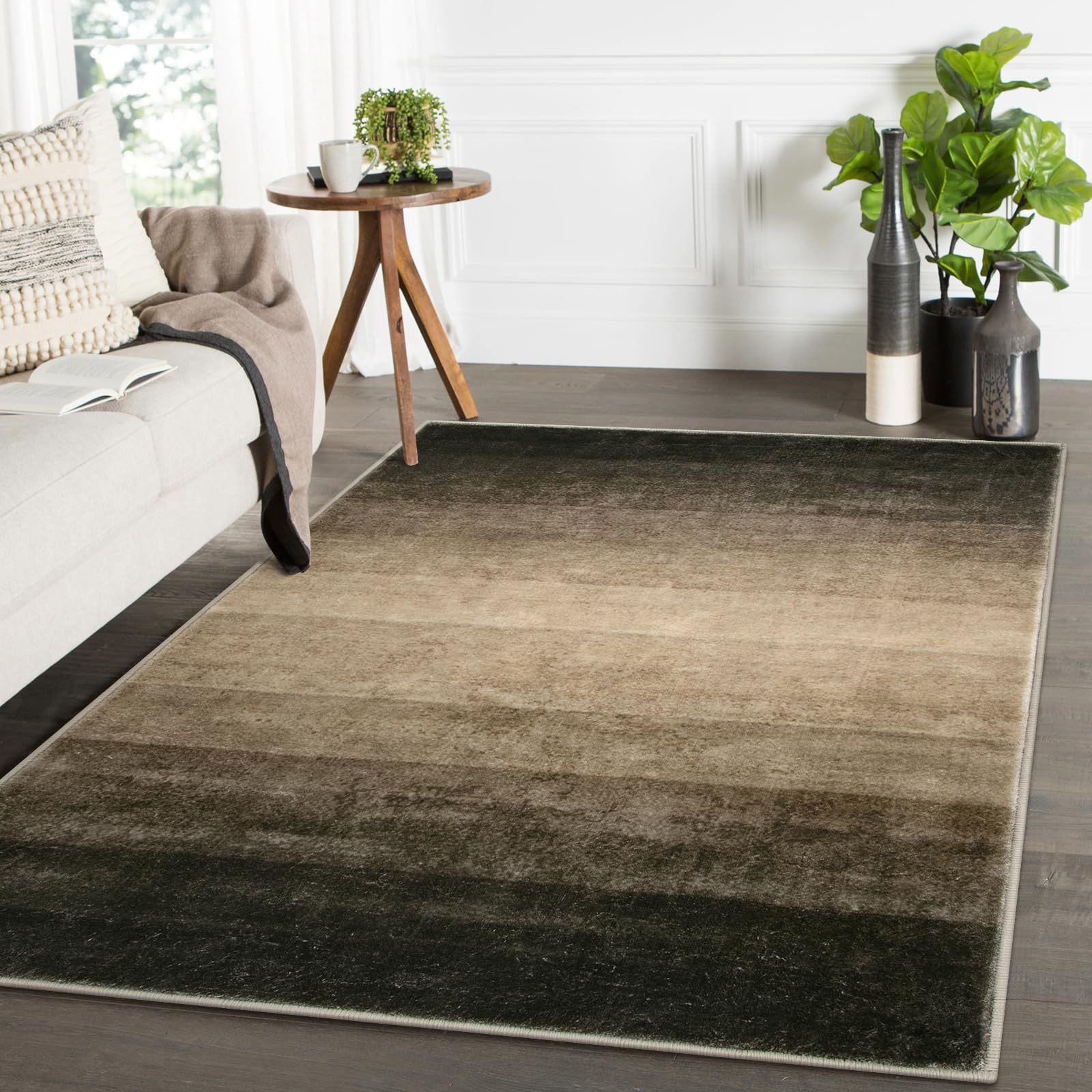 Lahome 8x10 Living Room Rugs, Washable Black Rug for Bedroom Brown Large Area Rug with Ombre, Modern Soft Grey Rug Non Slip Non-Shedding Low Pile Carp