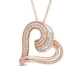 1/4 CT TW Baguette Diamond Tilted Heart Pendant in 10K Rose Gold
