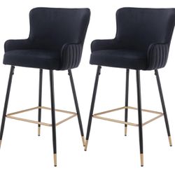 Black Velvet Bar Stools Set of 2, 30" Gold Barstools Modern High Bar Chairs with Wingback Upholstered Kitchen Island Stools with Footrest for for Home