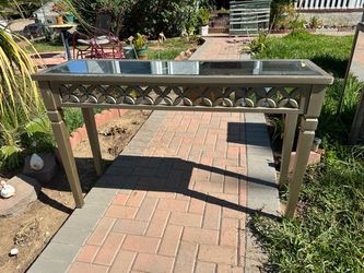 Gray Mirrored Console Table with Decorative Apron