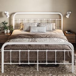 Full Size Metal Platform Bed Frame with Victorian Style Wrought Iron-Art Headboard/Footboard, No Box Spring Required, White  Vintage and Cla