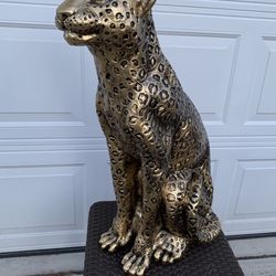 3 Foot Tall, Sitting, Golden Leopard Statue