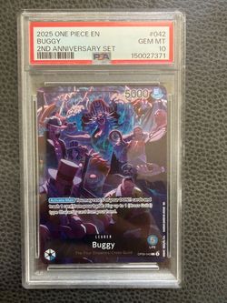 2025 ONE PIECE TCG CARD EN BUGGY 2ND ANNIVERSARY SET 042 PSA 10 GEM MINT