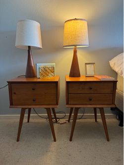 Mid-Century Modern Wood Nightstands with Matching Table Lamps (Set of 4)