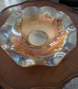 Jeanette Glass Iris and Herringbone Marigold Carnival Iridescent Bowl