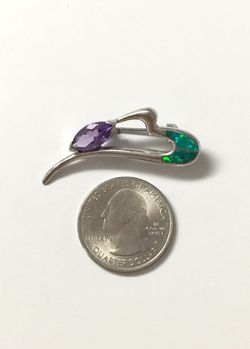Ladies Sterling Silver Synthetic Amethyst and Opal Heart Brooch AK 925 L@@K