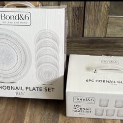 New in box Bond&6 Hobnail 10.5” plate set 6pc AND Hobnail 10oz glass set 6pc
