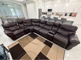 Brown Leather Reclining Sectional Sofa with Cup Holders