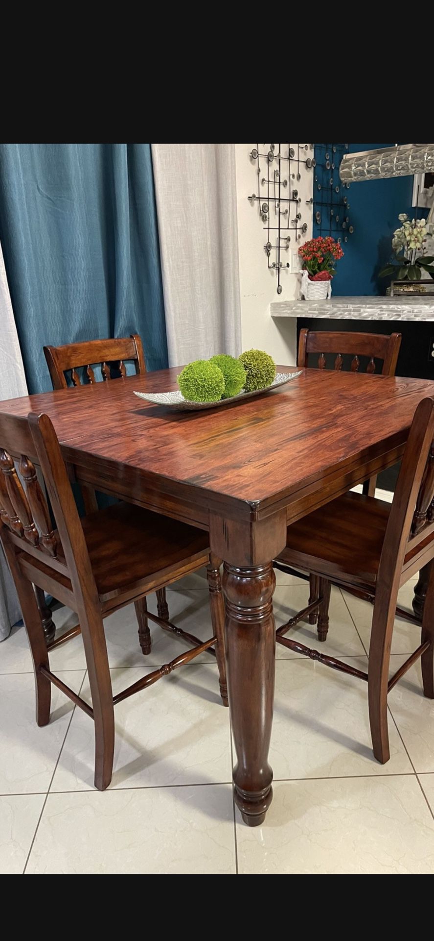 Solid Wood High Dining Table 48” X 48” And 36” High With 4 Chairs In Good Condition ( No Scratches And Very Sturdy) 