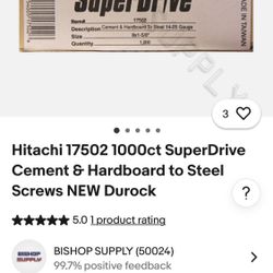 Hitachi 17502.  SuperDrive Cement & Hardboard to Steel Screws NEW Durock