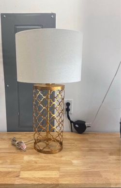 Heavy, open metal work, modern gold table lamp 28”