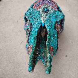 Real Cow Skull Embellished With Raw & Tumbled Stones 