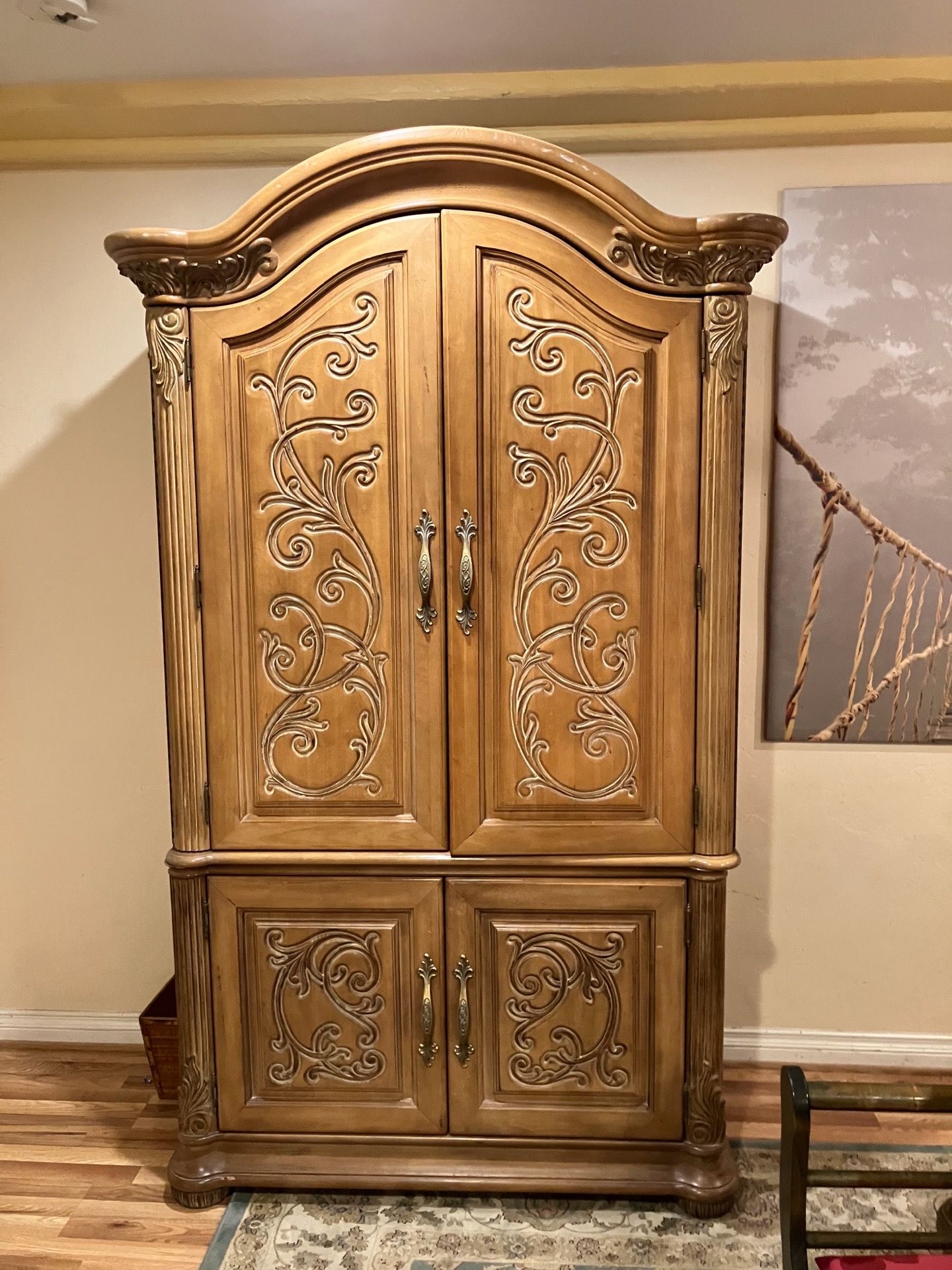 Two Piece Medium Oak Cal King Bedroom Set (Armoire & King Size Bed Frame)