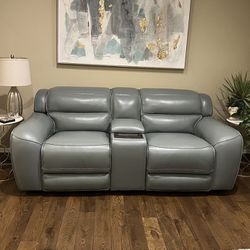 Mint Green Leather 83" Dual Power Recliner Loveseat Sofa by Bob’s Discount Furniture 