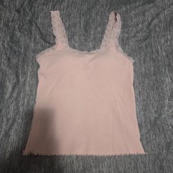 Pink Ribbed Lace Trim Cami - Coquette / Soft Girl Tank Top