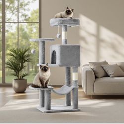 Cat Tree Tower 44 Inch, Small Cat Tower with Condo, Hammock, Sisal Scratching Posts, Extended Perch, Pet Play House for Indoor Kittens and Cats, Light