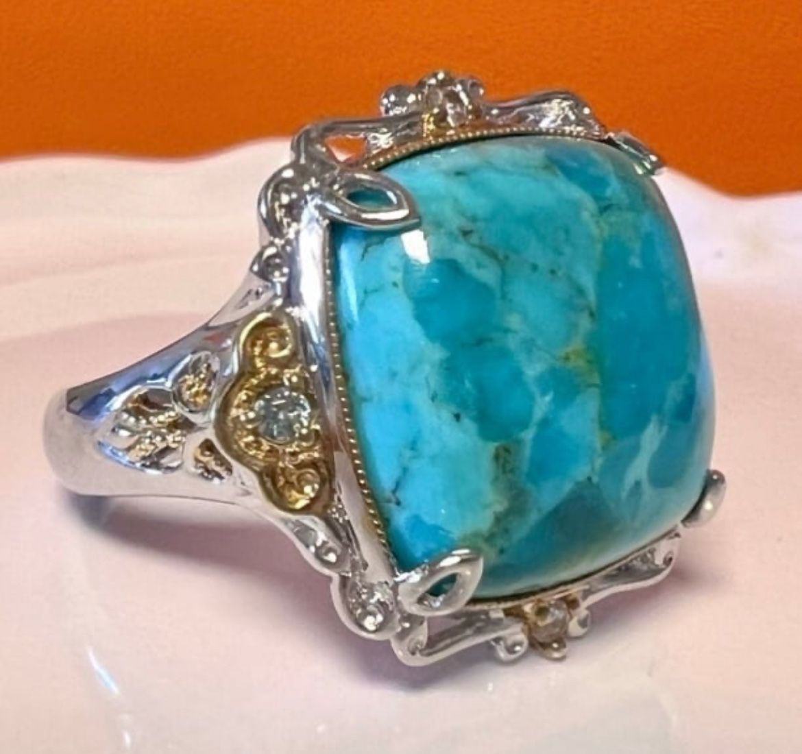 Gems en Vogue NH 925 Turquoise& Topaz Ring Sterling Silver Size 8.5