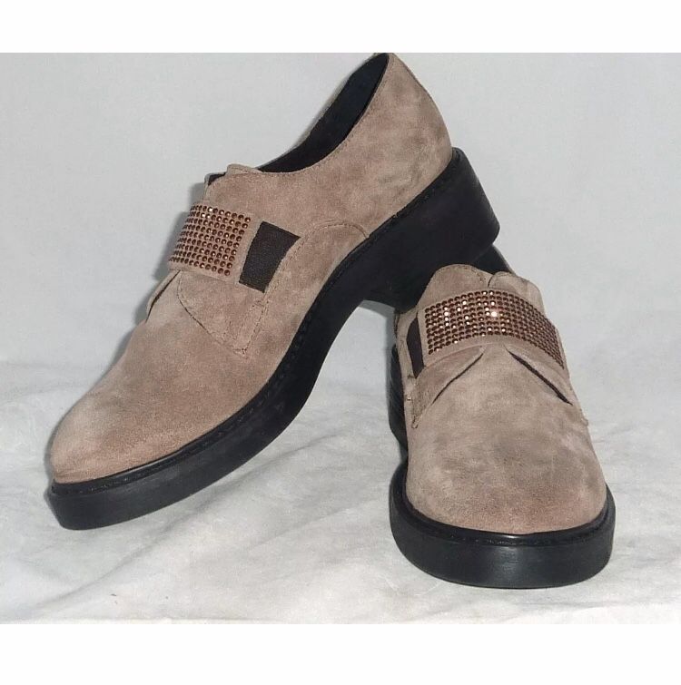 MANAS Suede Women’s Studded Embellished Slip On Beige Loafers Flats NEW