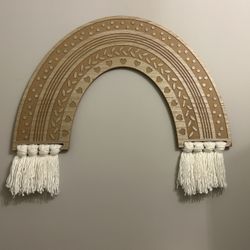 Bohemian wooden rainbow wall decor with white tassels
