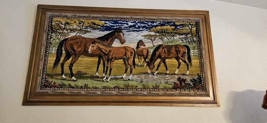 Framed Vintage Horses Equestrian Tapestry Rug Wall Hanging Mare Foal Pasture 