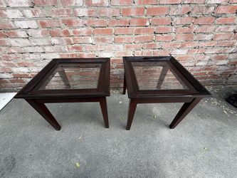 Pair Glass Top End Tables Dark Cherry Side Tables