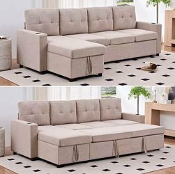 Modern Beige Sleeper Sectional Sofa – Convertible Pull-Out Bed with Chaise & Cup Holders